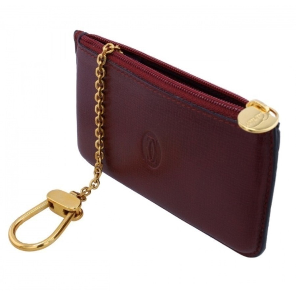 Cartier Burgundy Leather Key Cle Chain Card Holder Pouch Mini Burgundy Red Brown